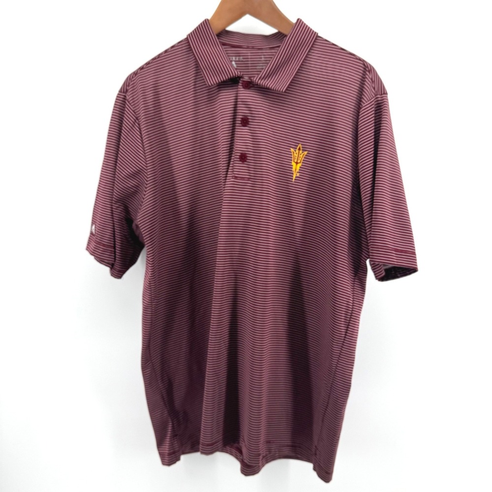 Antigua Polo Shirt Men L Maroon Striped ASU Sun Devils Sparky Golf Top Gameday